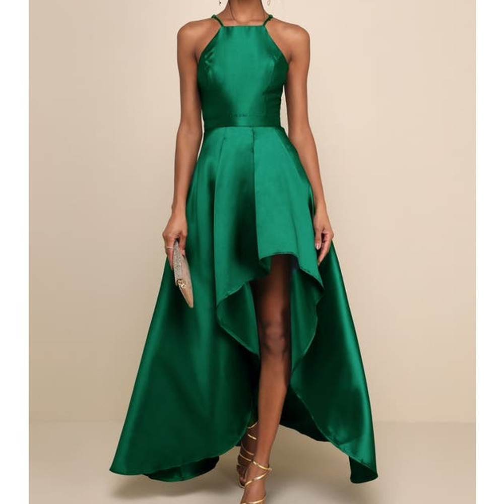 LULU'S sz L Emerald Green Broadway Show High-Low Apron Neck Maxi Dress B127